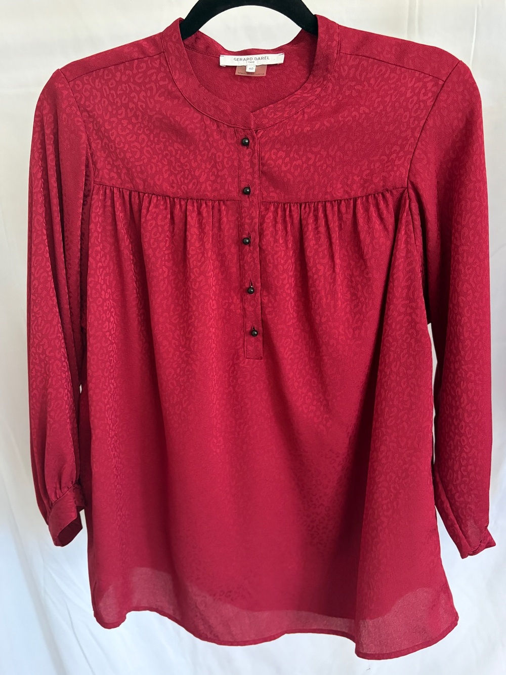 Gerard Darel Red Long-Sleeve Button Henley Blouse